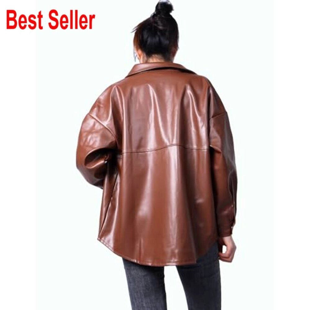 PU Leather Shacket Button Down Lapel Blazer Coat with Bust Pocket - Picture 5 of 7